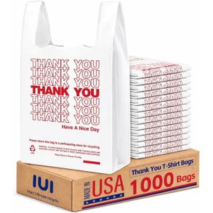 IUI 1000 Count Thank You T-Shirt Plastic Bags, White Grocery Bags with Handles, 11.5" x 6.5" x 21", Retail Shopping, Take Out & Small Business Bags in Bulk - Made in USA