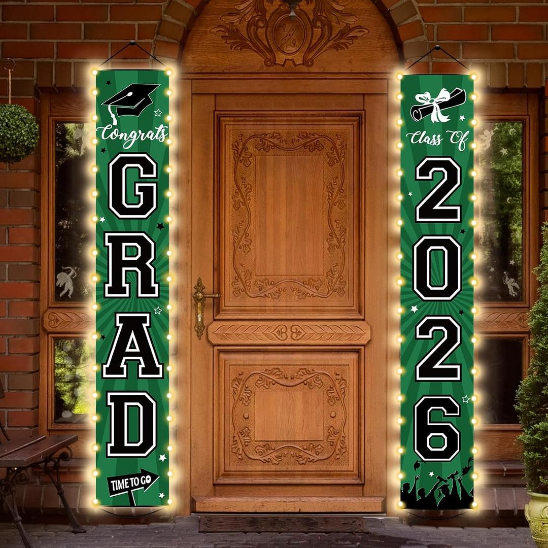 2026 Graduation Banners Lighted Decor Class of 2026 Congrats Grad Porch Sign Party Banners Supplies with LED Light Welcome Hanging Door Decorations for Indoor Outdoor(Green and Black)