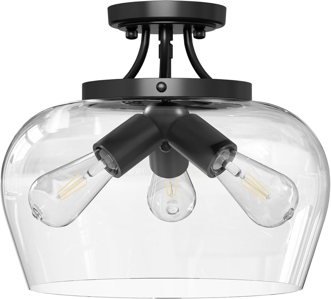 VONLUCE Semi Flush Mount Ceiling Light, 13.8" Ceiling Light Fixture with Clear Glass Shade, E26 Base, 3-Bulb Industrial Lighting Fixture for Hallway Entryway Bedroom, Matte Black, ETL Certificated