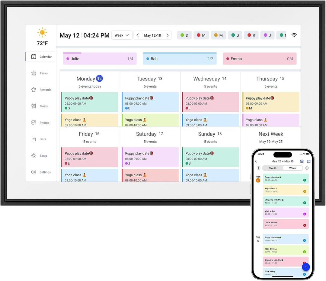 15.6 Inch Digital Calendar & Chore Chart, Smart Weekly and Monthly Planner, 1080P IPS Touchscreen Display for Family Schedules, Wall Mount and Desk Stand Included, Also Share Photos