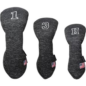 Golf Driver Head Covers 3-Pack for Men & Women - Premium PU Leather with Elephant Embroidery, Double Elastic Band (Driver/Fairway/Hybrid), Waterproof & Durable - White Grey or Black Grey