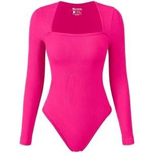 OQQ Women's Bodysuits Sexy Ribbed Square Neck Long Sleeve Tummy Control Casual Fall Bodysuits, Small