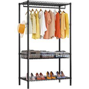 GarveeHome Heavy Duty Clothes Rack, 3 Tiers Rolling Garment Rack for Hanging Clothes, Adjustable Wire Clothing Rack With Storage Shelves, Lockable Wheels Freestanding Closet Wardrobe for Bedroom (black)