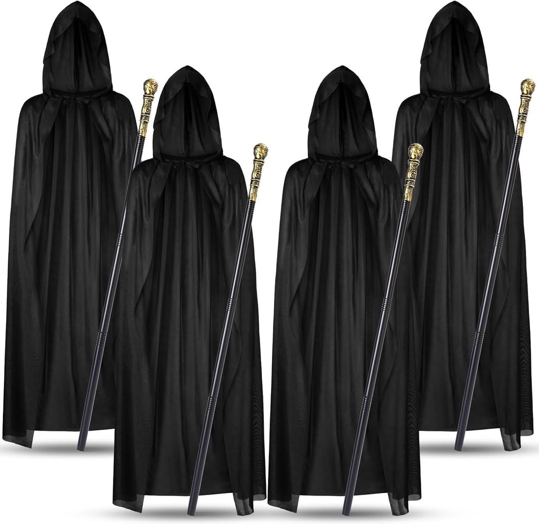 4 Pcs Halloween Wizard Costume Set Cosplay Adult Black Cloak with Hood and Gold Costume Walking Cane for Group Women Men Cosplay Party