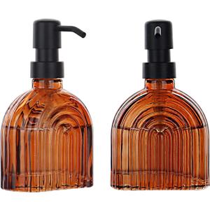 2 Pack Glass Soap Dispenser Bathroom, 9 Oz Kitchen Soap Dispenser, Refillable Liquid Modern Soap Dispenser for Hand Soap, Lotion Dispensers Bottle - Home, Commercial Countertop Decor. (Brown)
