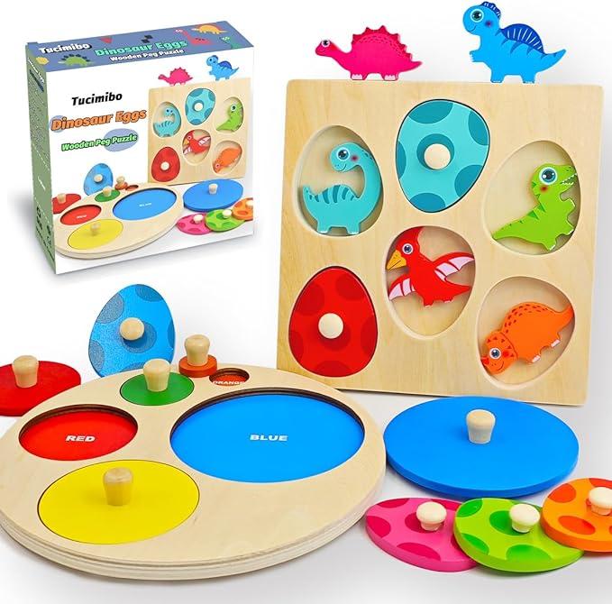 Dinosaur Matching Eggs Multi-Layer Wooden Peg Puzzles, Sorting & Stacking Montessori Early Educational Learning Shape Toys for Preschool Boys & Girls, Christmas Birthday Gifts for Toddlers