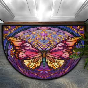Moroccan Azulejo Butterfly Half Round Door Mat Intdoor Entrance 36x24 Inch, Non-Slip Welcome Mat for Outdoor Semi Circle Bathroom Floor Rugs,House Entry Way Heavy Duty Doormat for Kitchen Living Room