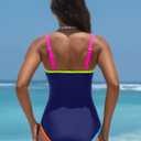 popvil One Piece Swimsuits Women 2026 Tummy Control - Modest Bathing Suit Shapewear Swimwear Retro Neon Swim Suit (Blue, L)