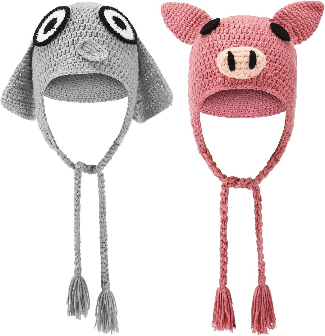 2 Pcs Crochet Hats Elephant Pig Designed World Book Day Character Costumes Accessory Handmade Realistic 3D Head Eyes for Cosplay Parties Photo Props Halloween Dress up