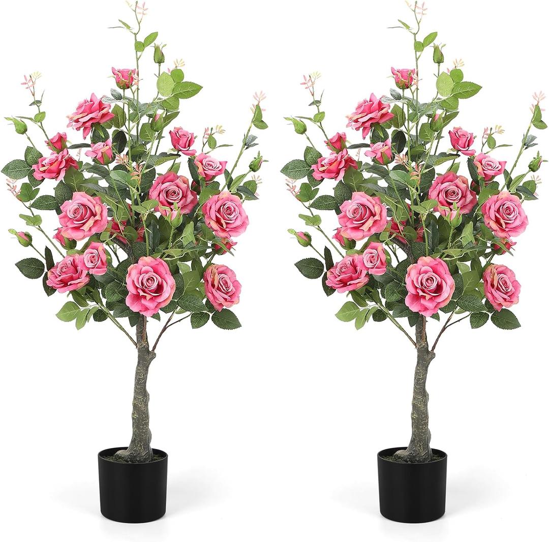 Romantic season 2Pack Artificial Rose Flower Trees, 42Inch Pink Faux Rose Tree with Green Leaves for Living Room Office Home Outdoor Indoor Decor (3FT)
