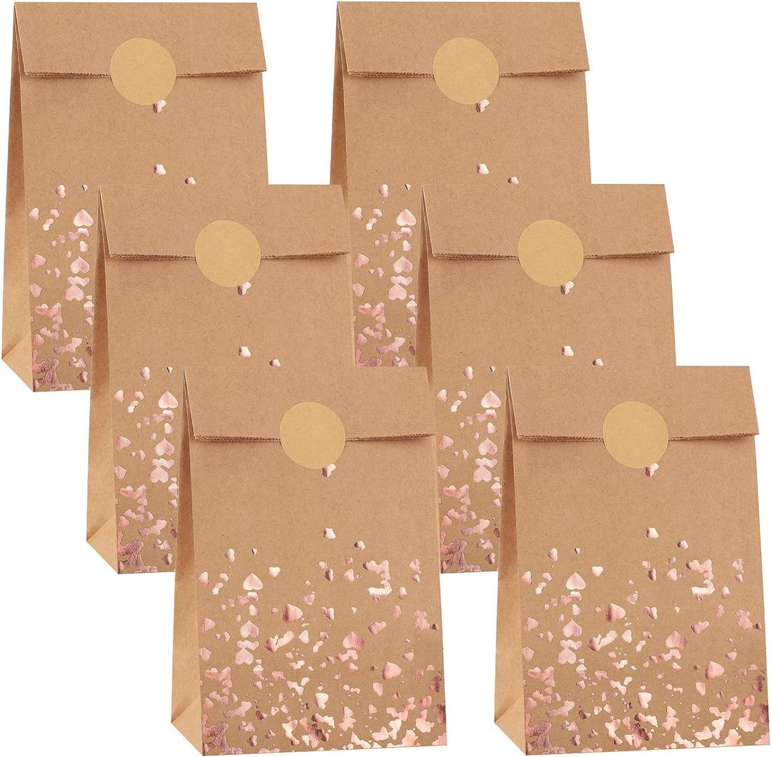 Cooraby 30 Pieces Kraft Paper Bronzing Rose Gold Bags with 48 Stickers Candy Gift Paper Bags for Wedding, Birthday, Tea Party, Gift, and Party Celebrations (Brown)