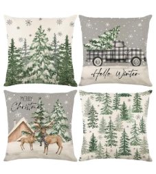 Winter Christmas Pillow Covers 18x18, Winter Pine Tree Reindeer Throw Pillow Covers Set of 4, Green Christmas Tree Truck Xmas Holiday Porch Patio Outdoor Home Decorations