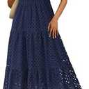 PRETTYGARDEN Women's 2025 Summer Maxi Dress Short Sleeve V Neck Hollow Out Eyelet A Line Long Flowy Beach Vacation Dresses, (Navy, XL)