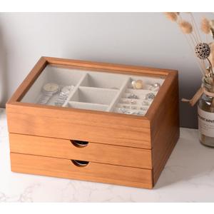 Jewelry Box with Glass Lid, 3 Layer Jewelry Organizer for Women, Solid Wooden Jewelry Box Display for Ring Earrings Necklace Bracelet, Pine Wood Jewelry Boxes Vintage Style for Gifts