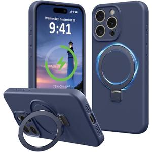 Compatible with iPhone 15 Pro Case Stand, Full Camera Protection Slim Liquid Silicone Phone Cases Fit for iPhone 15 Pro Compatible with MagSafe Magnetic Ring Kickstand Case 6.1", Dark Blue