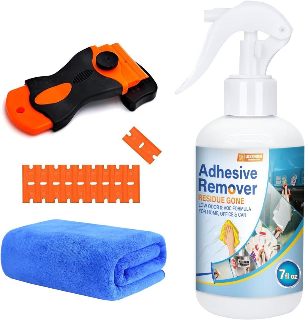 Surface Safe Adhesive Remover Spray 7oz - Rapidly Dissolves Glue Sticker Labels Decals Tape Residue from Car, Windows, Glass, Floor & More with Plastic Scraper & Microfiber Cloth for Easy Removal