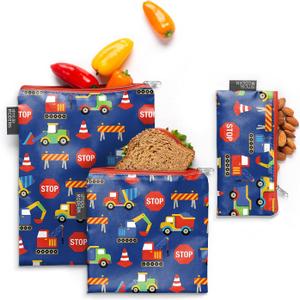 Simple Modern Reusable Snack Bags for Kids, Boys | Food Safe, BPA Free, Phthalate Free, Polyester Zip Pouches | Washable & Refillable Sandwich Bag | Ellie Collection | 3 pack | Under Construction
