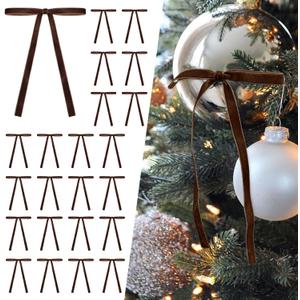 SIMISI RIBBON 24Pcs Brown Christmas Velvet Ribbon Bows Decorations Xmas Ornaments Vintage Decor for Tree, Wreath, Garland (3/8'' Width, 5x7 inch)