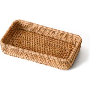 Small Rattan Serving Tray, Natural Wicker Decorative Tray Handwoven for Keys Trinkets Rings Cosmetics, Decorative Jewelry Perfume Tray for Coffee Table Entryway Living Room(8.2"  4.3")