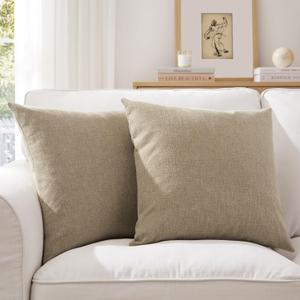 Meekio Set of 2 Deep Khaki Pillow Covers 18 x 18 Inch Farmhouse Boho Decorative Throw Pillow Covers Linen Cushion Covers for Sofa Couch Dcor