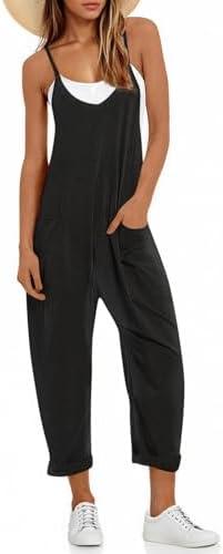 Fisoew Women's Summer Sleeveless Loose Casual V Neck Jumpsuits Spaghetti Strap Long Pants Baggy Overalls with Pockets, XXL