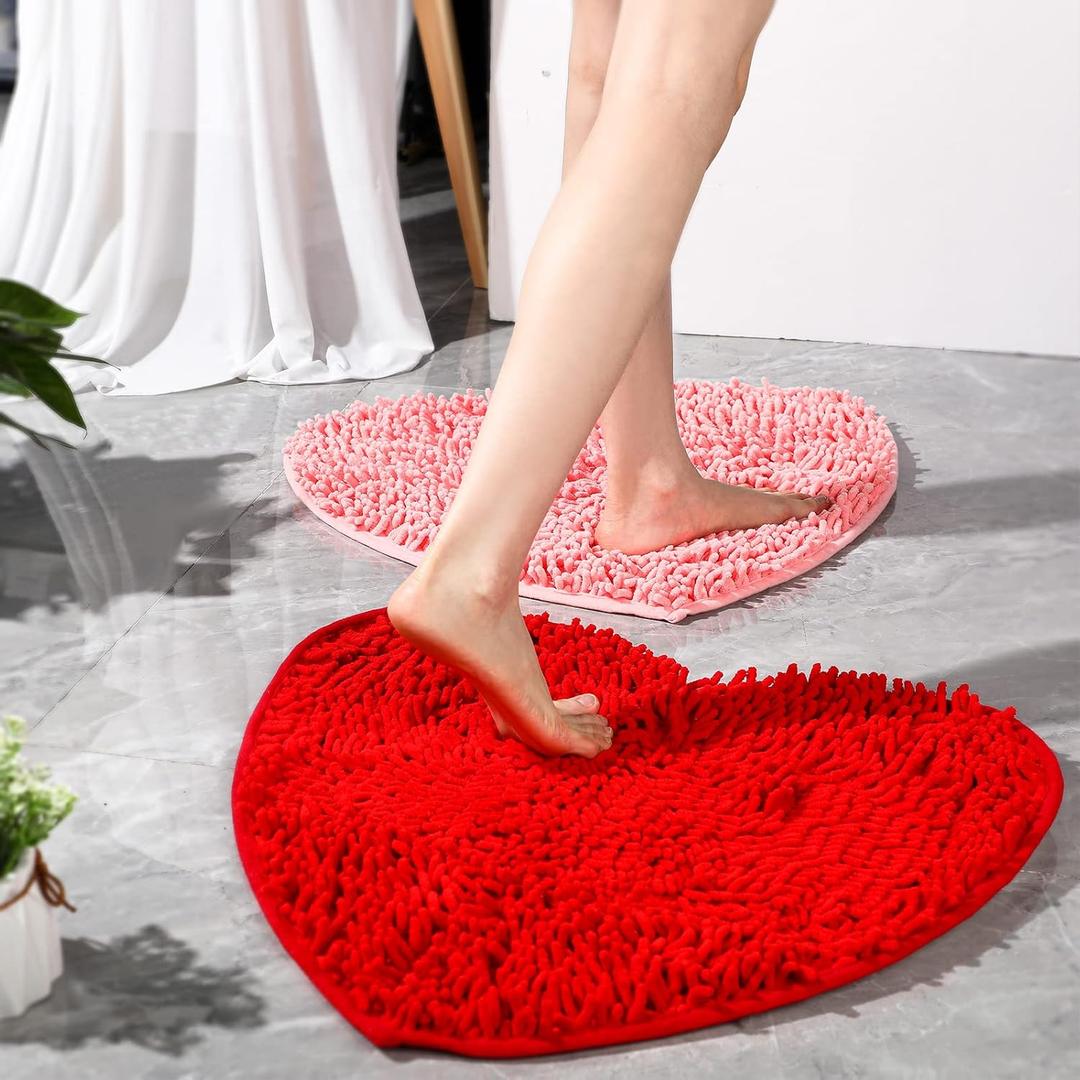 Nuanchu 2 Pcs Valentine's Day Heart Shaped Rug Decorative Floor Mat Chenille Bathroom Rug Heart Shag Shower Non Slip Washable Love Mat for Floor Living Room Bathroom 20 x 24 Inches, Red and Pink