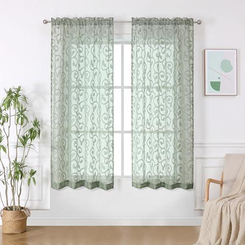 OWENIE Furman Sage Green Sheer Curtains 45 Inch Length 2 Panels Set for Living Room Bedroom Bathroom Window, Airy Jacquard Clip Short Curtains for Small Window, Each 42Wx45L inch