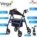 NOVA Vega Rollator Walker - Lightweight 18 lb Folding Mobility Walker, 8” Wheels, Adjustable Height, Hand Brakes, Padded Seat & Backrest, Blue