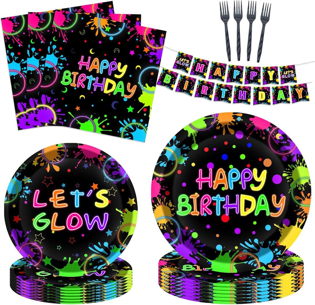 Glow Neon Party Supplies Kit for 24 Guests - 97 Pcs Including Plates, Forks, Napkins, Bunting - Ideal for Blacklight Neon-Themed Parties