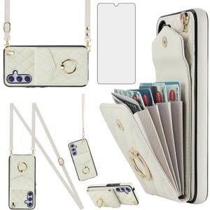 Asuwish Phone Case for Samsung Galaxy S25 5G Wallet Cover with Tempered Glass Screen Protector and Crossbody Wrist Strap Ring Stand RFID Blocking Card Holder Cell S 25 25S G5 Women Men Girls Off White