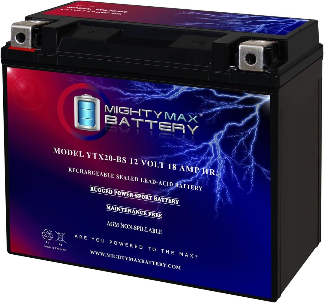 Mighty Max Battery YTX20-BS -12 Volt 18 AH, 270 CCA, Rechargeable Maintenance Free SLA AGM Motorcycle Battery
