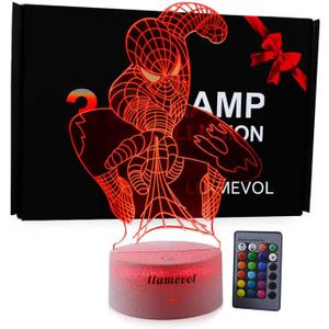 Spiderman Toys Kids Night Light Superhero Christmas Gift Birthday 3D Illusion Lamp for Kid Girl Boy Web Shooter 7 Color Remote Control