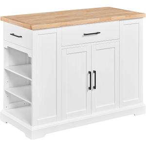 Yaheetech Rolling Kitchen Island Cart with 3 Drawers, Kitchen Storage Cabinet on Wheels with Open Shelves and Inner Adjustable Shelves for Dining Room/Living Room, Thicker Rubberwood Top, White