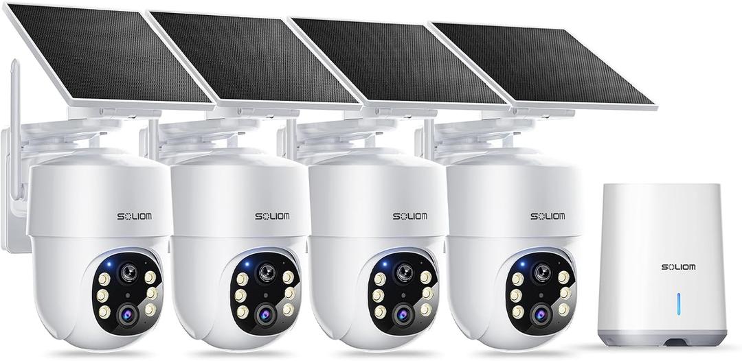 SOLIOM- 5MP Security Cameras Wireless Outdoor, No Subscription & Solar Powered,4-Cam Pack Cameras for Home Security with 360 Auto Motion Tracking, 3K Color Night Vision,5G & 2.4G Router Compatible