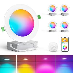 LEPOWER-TEC Smart Recessed Lighting 6 Inch 4 Pack, Wi-Fi Connect RGBWW LED Downlight with Junction Box, APP & Voice Control, 1100LM 12W, 2700K-6500K, Canless Downlights for Bedroom Kitchen Living Room