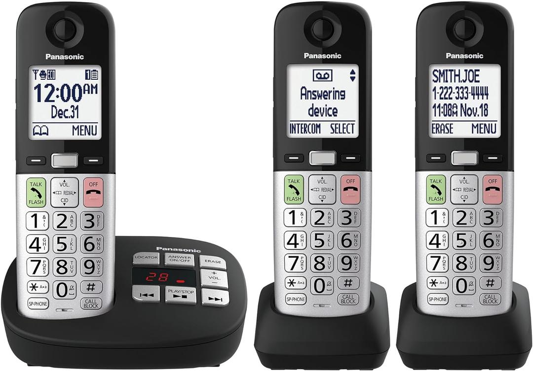 Panasonic Cordless Phone, Easy to Use with Large Display & Big Buttons, Flashing Favorites Key, Flashlight, Call Block, Volume Boost, Talking Caller ID, House Phones, 3 Handsets - KX-TGU433B (Black)