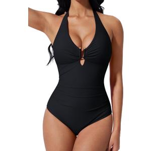 SUUKSESS Women Sexy Tummy Control One Piece Swimsuits Halter U-Wire Bathing Suit (Large, Black)
