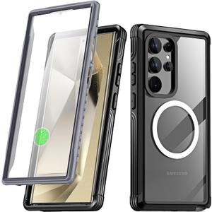 AICase for Samsung Galaxy S24 Ultra Case Clear Built-in Screen Protector, [Compatible with MagSafe] [Anti-Yellowing] Shockproof Full Body Rugged Magnetic Protective Phone Cover