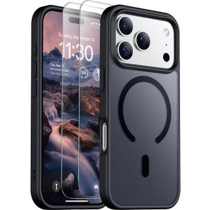 SPIDERCASE for iPhone 17 Pro Case, Magnetic Translucent Matte Case with 2PCS Tempered Glass Screen Protector Slim Phone Case for iPhone 17 Pro 6.3'', Black