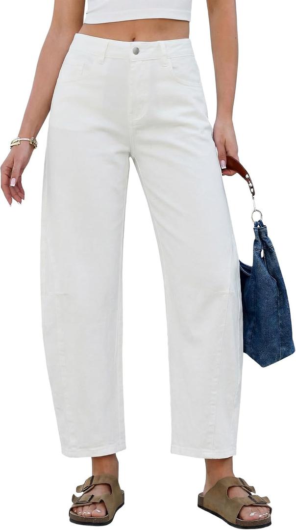 GRAPENT Barrel Jeans for Women Cropped Trendy High Waisted Baggy Side Seamed Casual Stretchy Denim Pants Wide Leg Jeans  Cream White, M, US Size 8 to 10