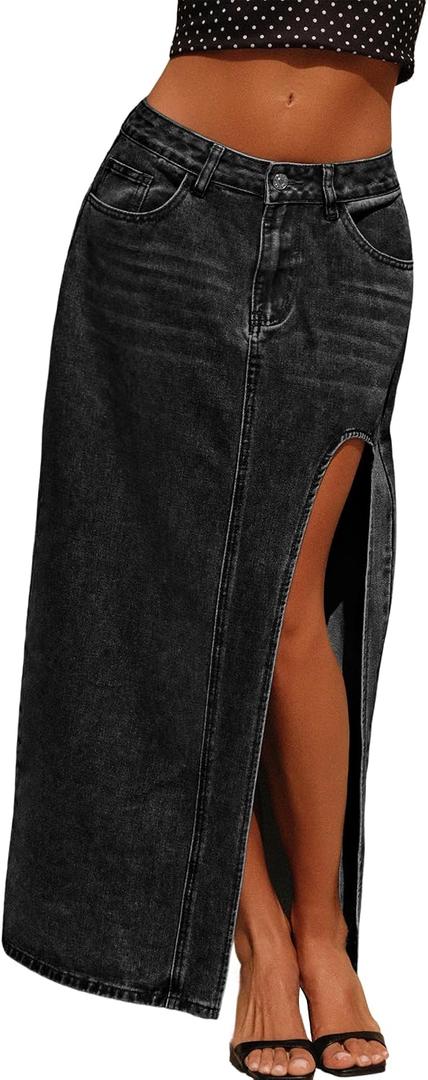 Jean Skirts for Women Maxi Side Slit Summer Trendy Denim Long Skirt (Black)
