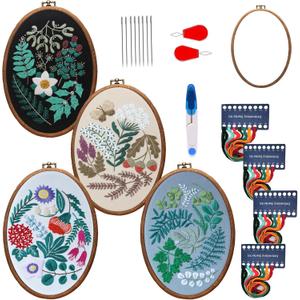 Maydear 4 Pack Embroidery Starter Kit with Pattern, Stamped Cross Stitch Kits for Beginners Adults with Embroidery Hoop and Instructions, Hand Embroidery Kit Cross Stitch Kits Stamped (brown)