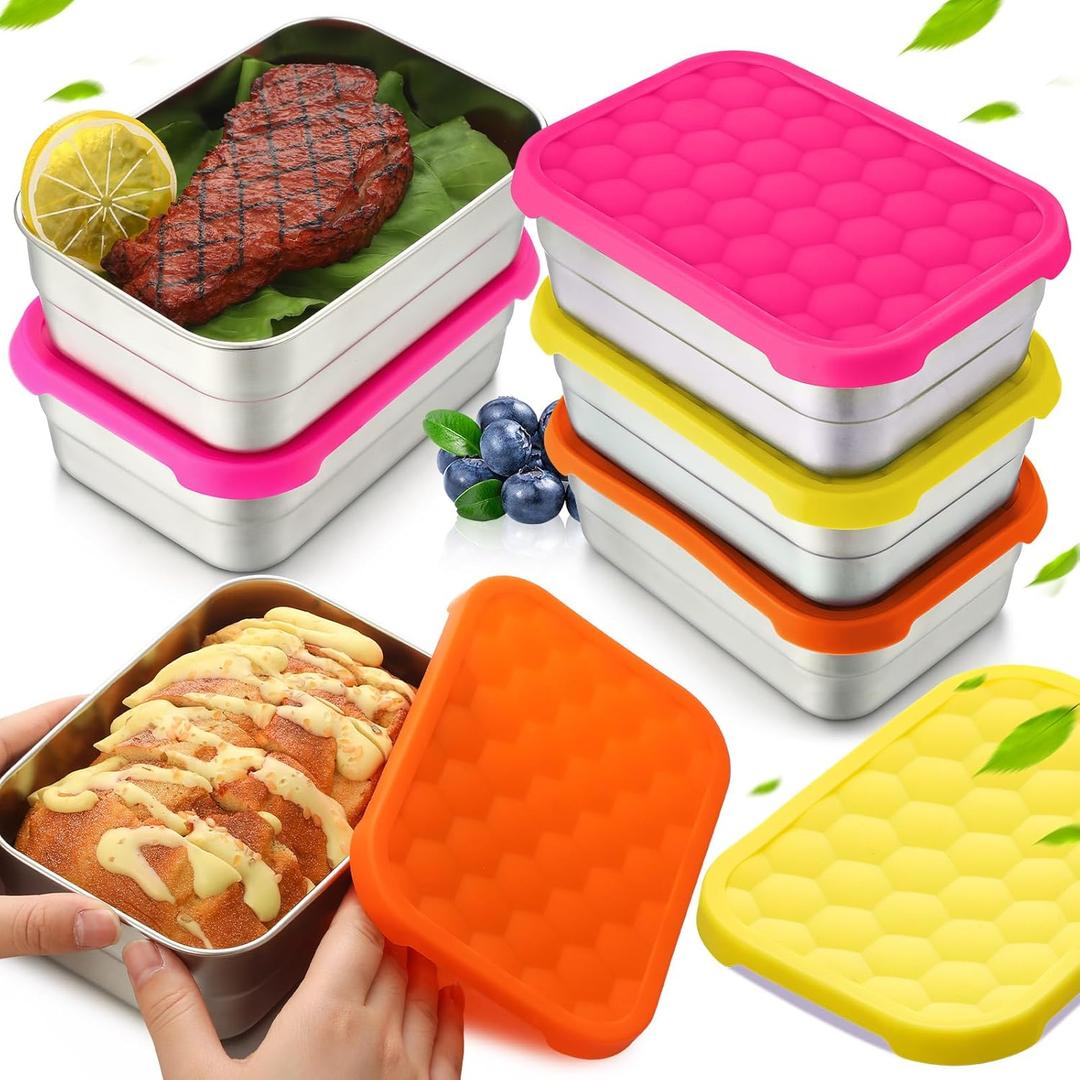 Layhit 6 Pcs Stainless Steel Containers for Kids, 25 oz Lunch Containers with Leak Silicone Lids Reusable Metal Food Snack Box for Child Daycare School Home Storage Supplies(Fresh Color)