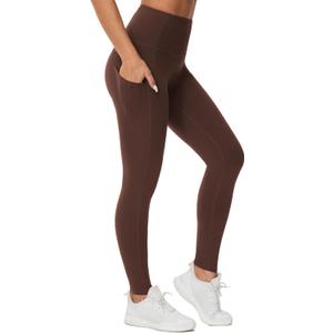 THE GYM PEOPLE Thick High Waist Yoga Pants with Pockets, Tummy Control Workout Running Yoga Leggings for Women (X-Large, Red Brown)