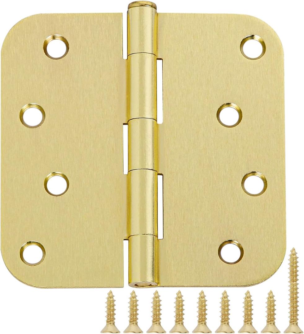 Brass Door Hinges - 18 Pack, 4 Inch, Satin/Brushed Brass, Rounded Front, Heavy Duty Steel, 4 in x 4" Hinge, 8 Holes, Gold Finish, for Playhouse, Farmhouse, Entry Door Hardware