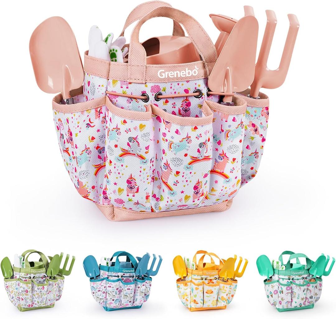 Grenebo Kids Gardening Set Toys, Quality Garden Tool Kit for Kids and Toddlers, Includes Two Shovels, Garden hat,Rake, Apron,Gloves, Watering Can, and Tool Bag (Pink)