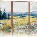 KaiWithYuan Watercolor Mountain Woodland Framed Canvas Wall Art, Nature Pine Tree Forest Wall Decor, Modern Daisy Flower Art Paintings, Cozy Meadow Artwork for Bedroom Living Room Office 16"x24"x3