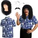Mepase 4 Pcs 80s Halloween Costume for Men Outfit Cosplay Set Hawaiian Shirt Black Curly Wig Silver Frame Glasses Mustache (Medium)