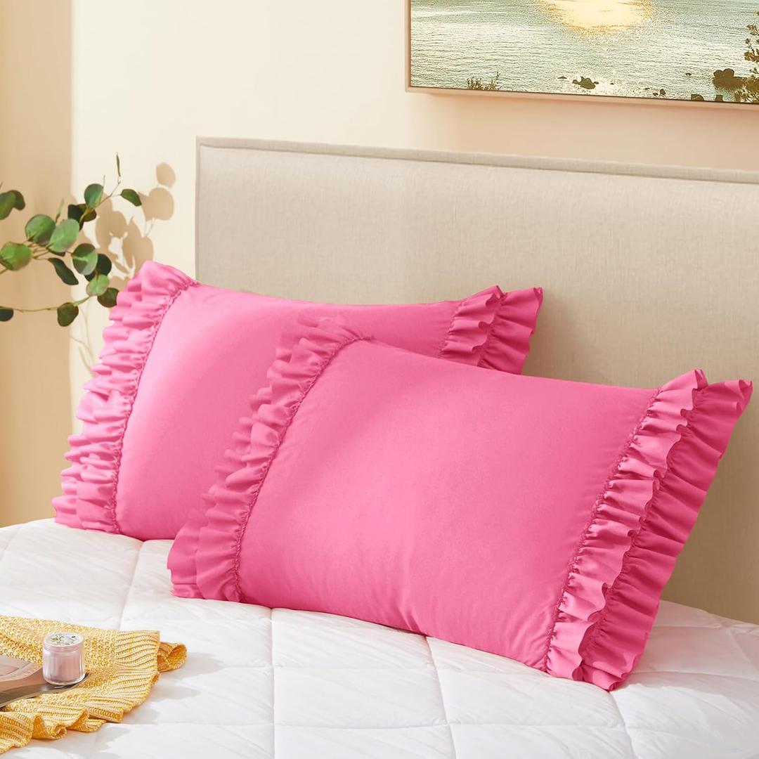 Vonty Ruffled Pillow Cases Standard Pillowcases(20x26), Decorative Ruffle Pillowcases - Hot Pink Pillow Cases Set of 2, Scalloped Euro Sham Farmhouse Pillow Shams with Envelope Closure