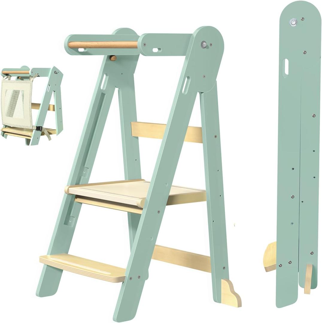 Grownsy Safety Upgrade Foldable Kitchen Helper Step Stool Toddler Tower | One-Click Lock, 3-Second Folding, 3 Adjustable Heights, Sturdy A-Frame Support, Easy Storage, Ages 15 Months to 6 Years
